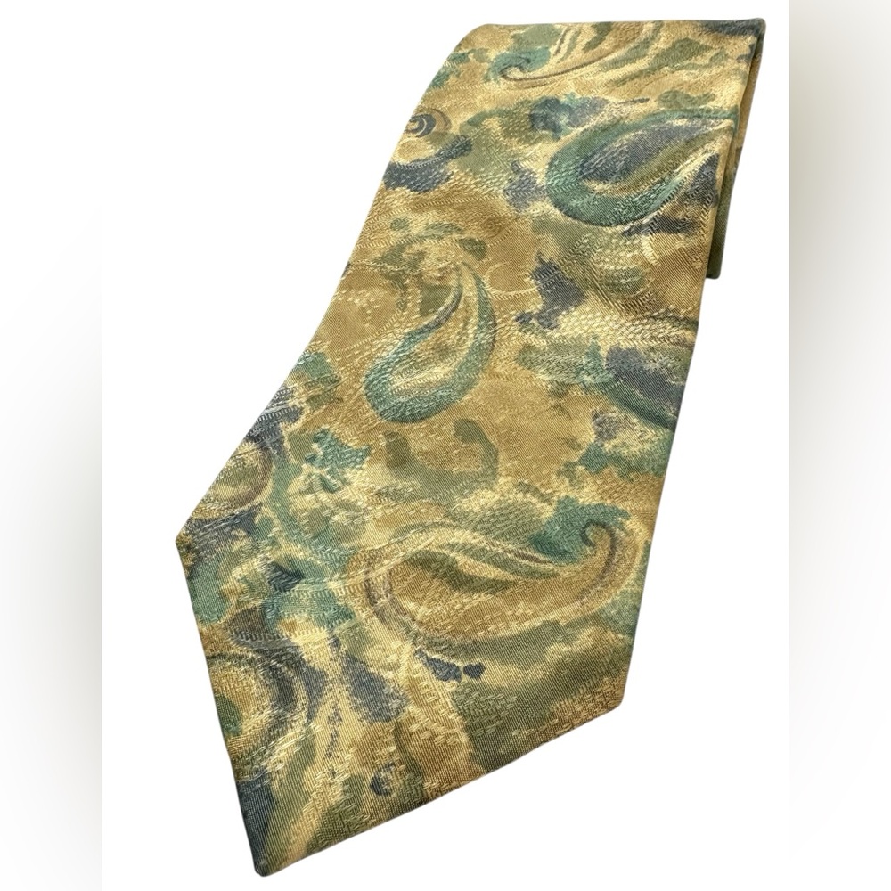 OSCAR de la RENTA COUTURE 100% Imported Silk Gold & Green Paisley Men's Neck Tie